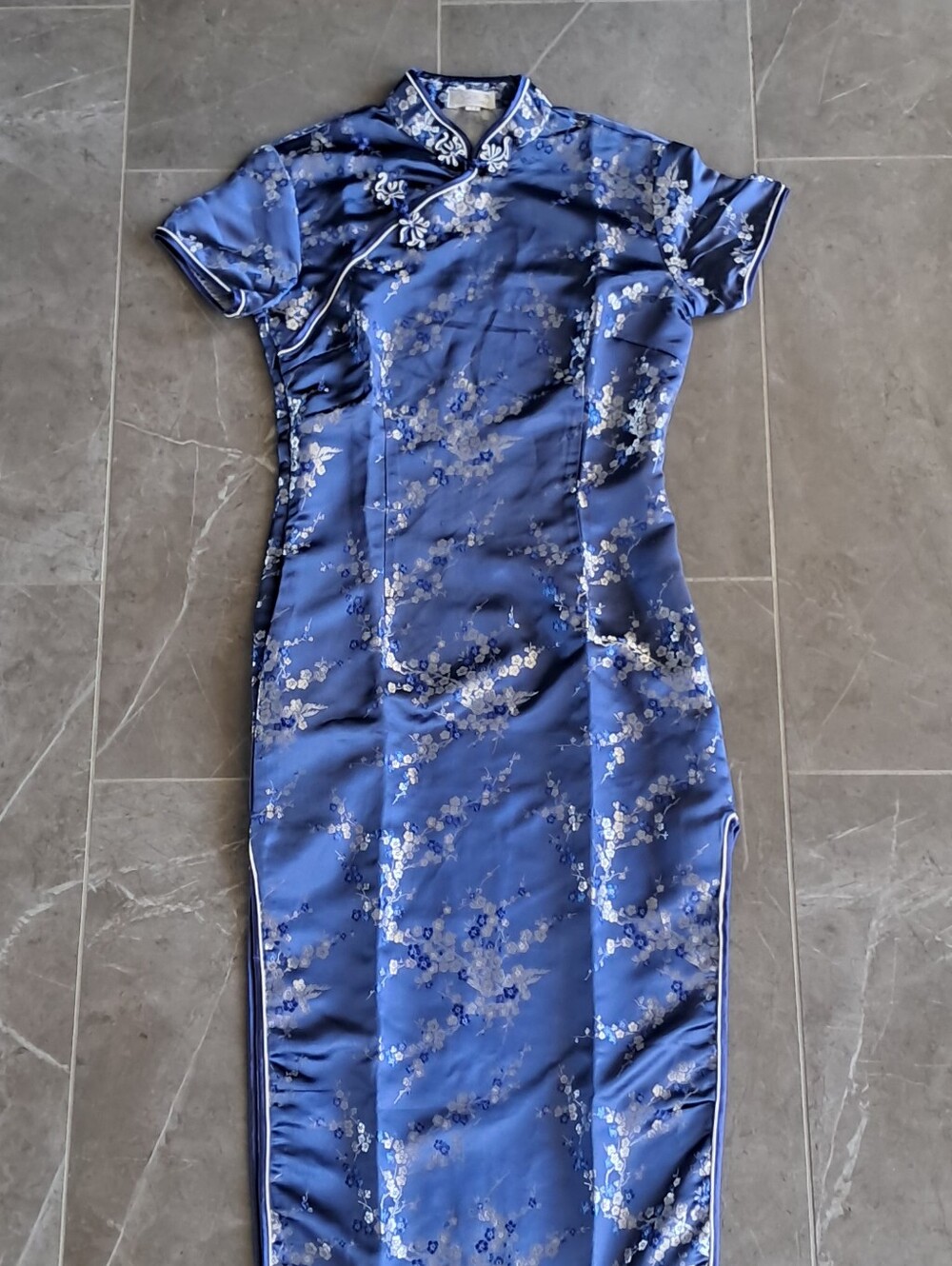 Blue Floral Satin Cheongsam Maxi Dress - Unbranded